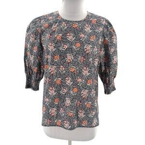 Ann Mashburn floral puff sleeve poplin blouse top sz S